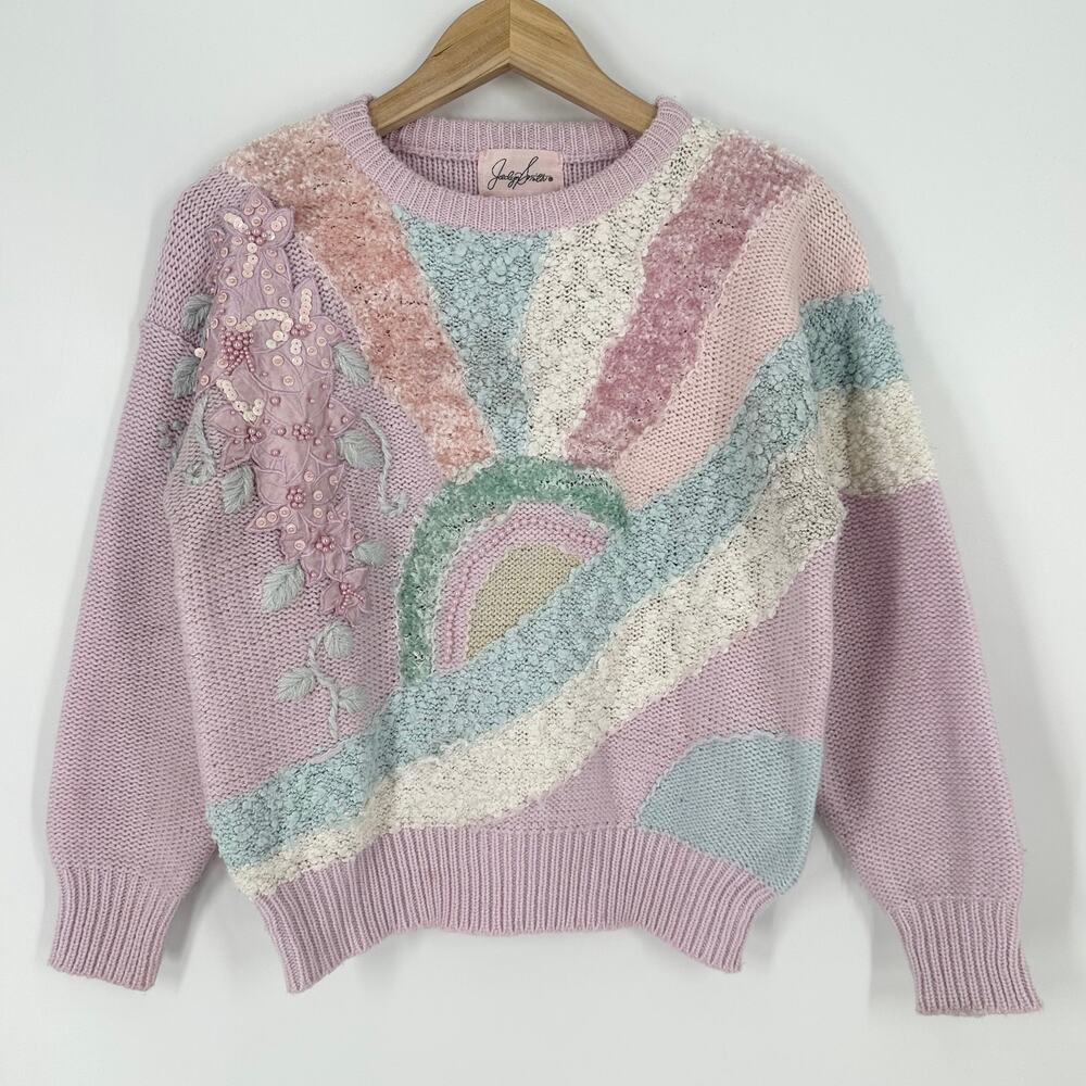 Vintage 80's Jaclyn Smith Sweater Floral Beaded Pastel Chunky Knit Pullover